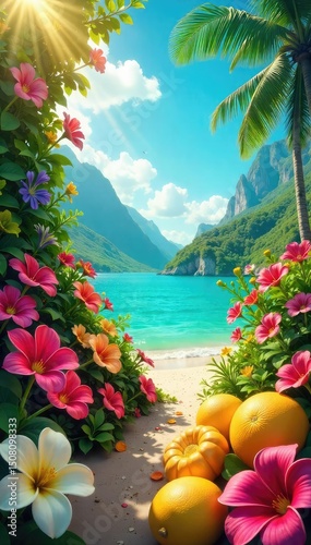 Vibrant summer scene bursting with colorful flowers, juicy fruits, and bright sunshine Perfect for summer themes, travel, and holiday promotions , petals, blossom