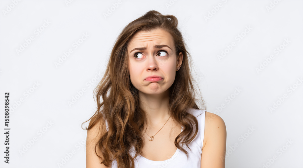 Fototapeta premium A young woman with a confused and worried expression, against a white background in a studio setting.