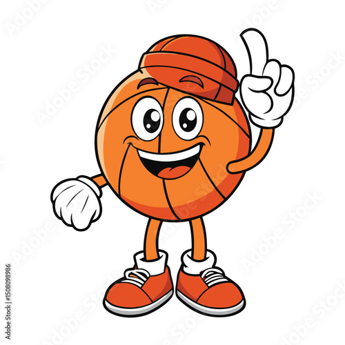 Cartoon basketball character wearing a hat smiles and points upward with positive expression