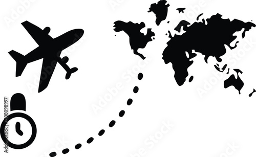 Airplane gliding over digital world map illustration