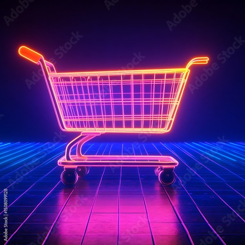 Neon shopping cart on a tiled floor.