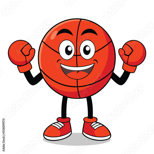 Cartoon basketball character with a cheerful expression wears boxing gloves and shoes, ready for action