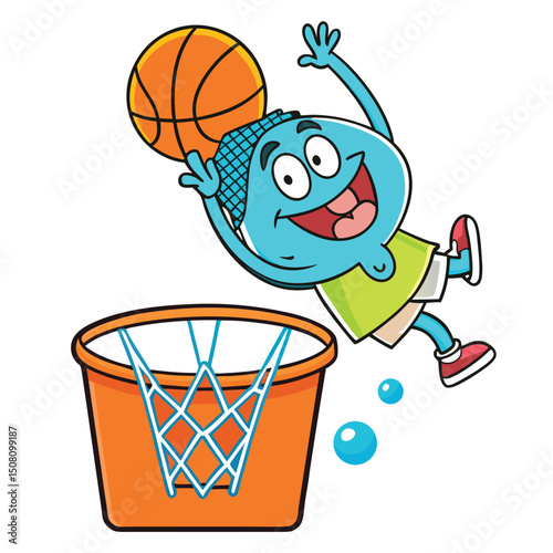 Cartoon blue character joyfully throws orange basketball into the hoop with excited expressions and movement