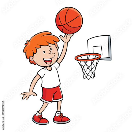Cartoon boy with red hair prepares to shoot a basketball into the hoop