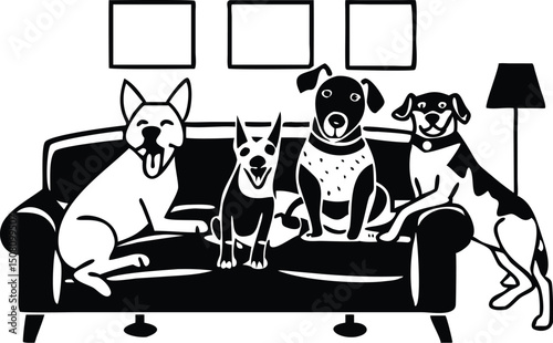 Four adorable dogs relaxing on a cozy armchair