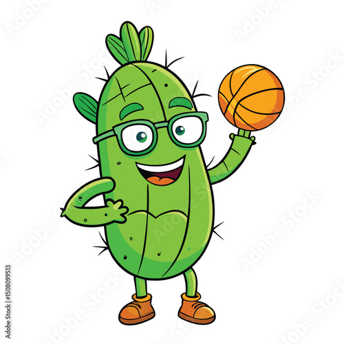 Cartoon cactus character smiles brightly while holding a basketball with its right hand