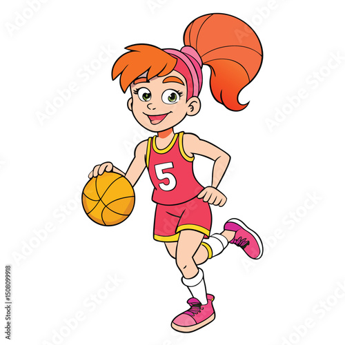 Cartoon girl with red hair is playing basketball, dribbling the ball happily