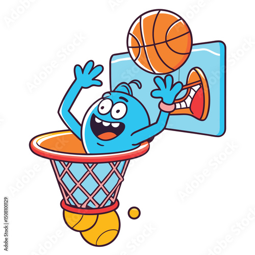 Cartoonish blue monster enthusiastically dunks a basketball through an animated basketball hoop and net