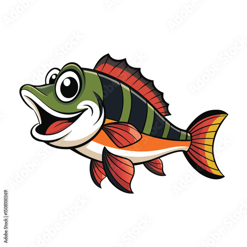 Cartoonish green fish with an open mouth swims to the right side cheerfully