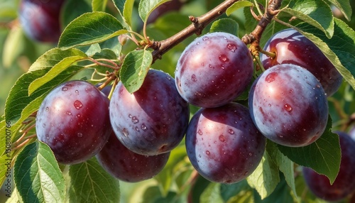 Ripe plums on a tree branch with droplets of water in a sunny garden