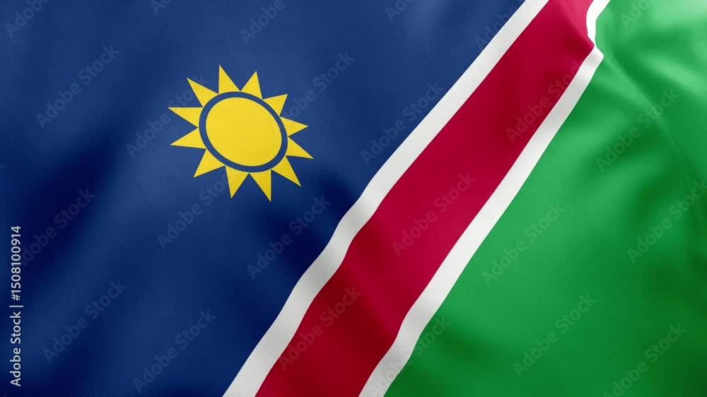 Realistic waving flag of Namibia, blue, red, green diagonal stripes, golden sun. Southern African nation symbol, Windhoek, patriotism, Namibia