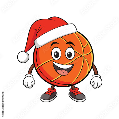 Cheerful basketball cartoon character smiles brightly while wearing a festive Santa Claus hat on white
