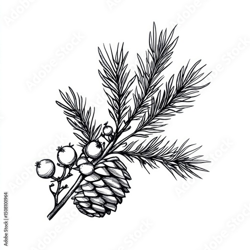 Detailed illustration of a pine branch with pine cone and berries.