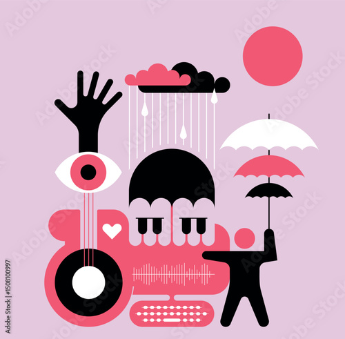 Flat style colorful vector illustration with musical and weather elements. Includes stylized guitar, piano keys, raindrops, clouds, eye shape and person holding umbrella. 