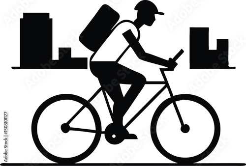 Delivery cyclist navigating urban streets cityscape vector illustration