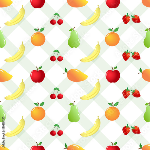 Abstract soft green diagonal lines or diamond shapes and various fruits, seamless pattern design on white background, for background, wallpaper or other decorative purposes.