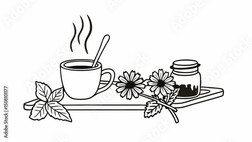 Aesthetic line art of a coffee cup, honey jar, flowers, and mint leaves on a rectangular tray design created with generated ai