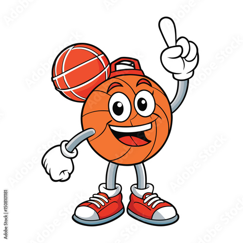 Cheerful basketball character with gloved hand and wearing red shoes stands confidently showing number one