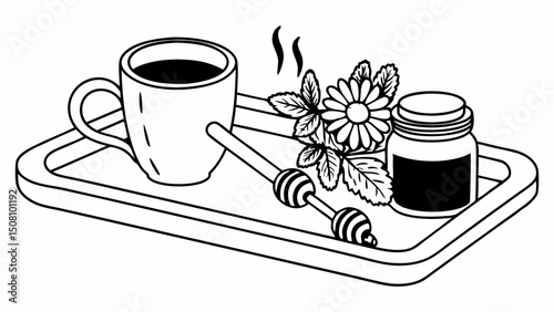 A cup of tea with honey dipper, daisy and honey jar on a tray in black and white vector art created with generated ai