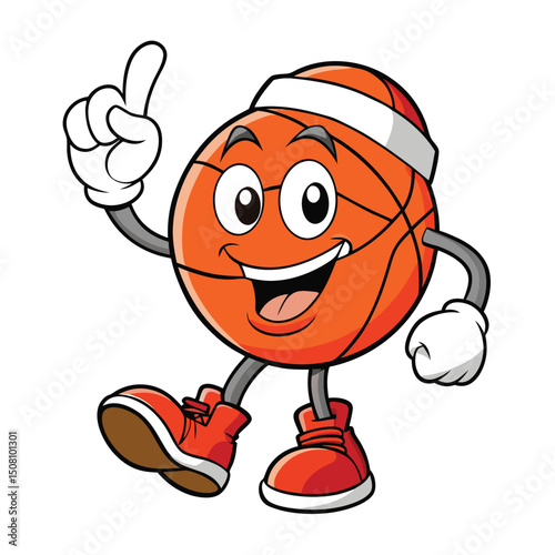 Cheerful basketball mascot with a headband triumphantly raises his finger on a white background