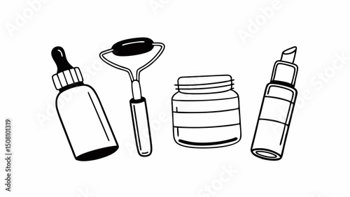 Illustration of skincare products including serum bottle roller jar and cosmetic container in black and white created with generated ai
