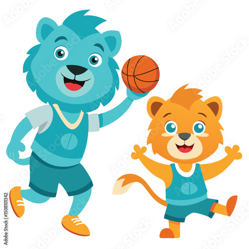 Cheerful blue bear holds a basketball while an orange lion dances enthusiastically together