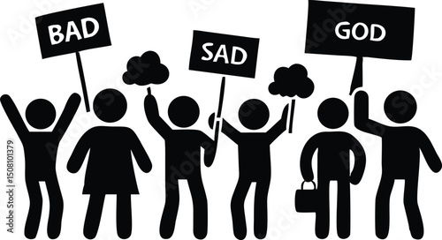 Diverse crowd holding signs with mi letters protest demonstration vector illustration