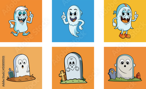 Cartoon Halloween Ghosts And Tombstones Illustration For Spooky Season Celebrations