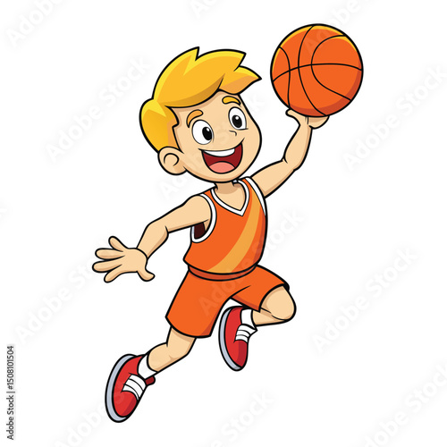 Cheerful boy with blonde hair jumps and holds a basketball with one hand
