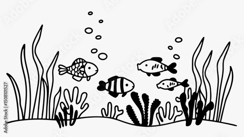 Illustration of four fish swimming among seaweed and bubbles in a monochrome aquarium scene design created with generated ai