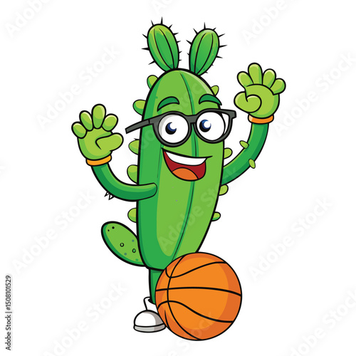 Cheerful cactus character wearing glasses bounces an orange basketball while waving hello with delight