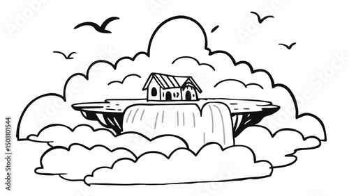 A house on a floating island with a waterfall surrounded by clouds and birds in a black and white drawing created with generated ai