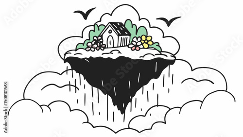 Illustration of a floating island with a house flowers and birds in a cloudy sky landscape scene created with generated ai