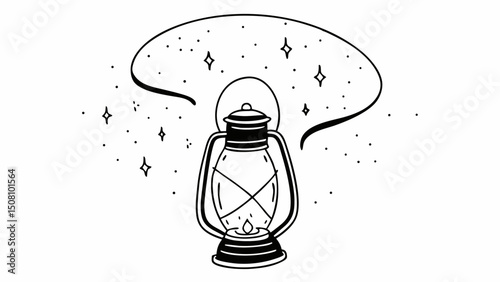 Illustration of a vintage lantern with a flame surrounded by stars and a celestial arc above it created with generated ai