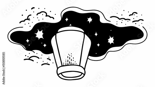 Hand drawn sky lantern floating against a starry night sky with clouds and small dots around it created with generated ai
