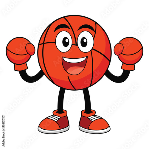Cheerful cartoon basketball character proudly displays boxing gloves and stylish sneakers with a happy expression