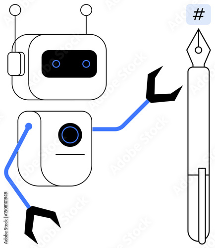 Robot uses robotic arms to interact with a fountain pen, symbolizing technology, creativity, and automation. Ideal for AI development, writing tools, education, tech innovation, futuristic concepts