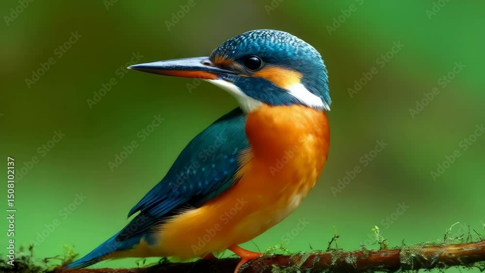Vibrant bird perched upon a mossy branch in natural habitat, displaying captivating teal, orange, and white plumage against blurred backdrop Vibrant bird perched upon a mossy branch in natural habitat, displaying captivating teal, orange, and white plumage against blurred backdrop
