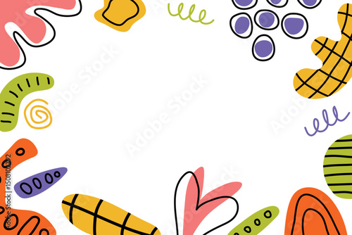 Children's background with playful abstract hand-drawn figures. Funny figures, primitive colorful shapes on white background. Vector illustration.