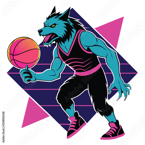 Cyan werewolf dribbles a pink basketball with geometric shapes on the background in style