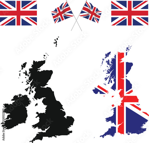 united kingdom 
 combination  of united kingdom flag and map with different styles
