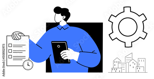 Person holding tablet and checklist with timer, gear icon, and cityscape highlights organization, planning, efficiency, innovation. Ideal for productivity, workflow, teamwork management urban