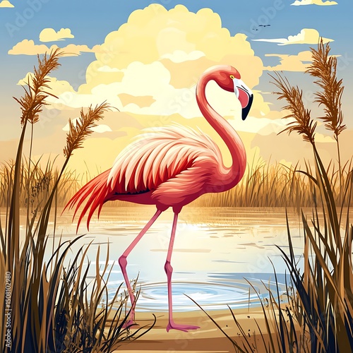 Pink flamingo by a tranquil lake at sunset.