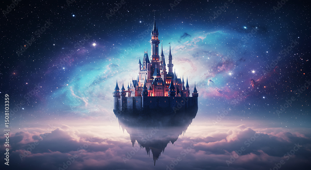 Fototapeta premium Enchanting Fairytale Castle Floating Above Cloudscape in a Starry Night Sky