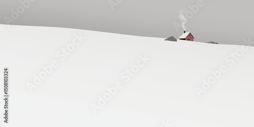 Minimalist snowscape with lonely country house on the hill covered by white snow have dusk sky background graphic illustration.
