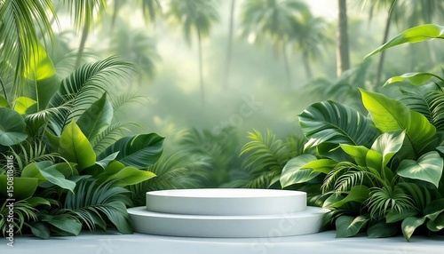 A modern podium for product design against the backdrop of a tropical forest