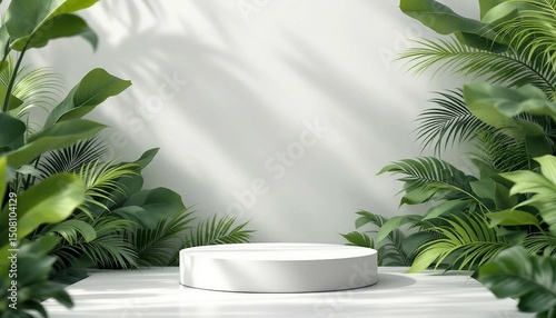 A modern podium for product design against the backdrop of a tropical forest