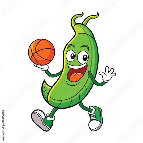 Green pea cartoon character dribbles an orange basketball with playful expression on white background