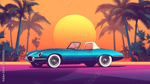 Vintage convertible car against a sunset backdrop of palm trees.