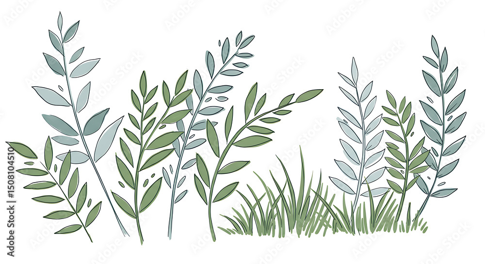 Obraz premium Elegant Green and Blue Watercolor Botanical Illustration of Leaves and Grass